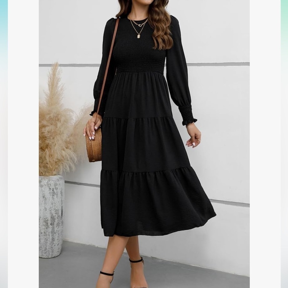 NWT Women's Casual Long Sleeve Dress Crew Neck Smocked Hight Waist Flowy Maxi - Picture 7 of 7